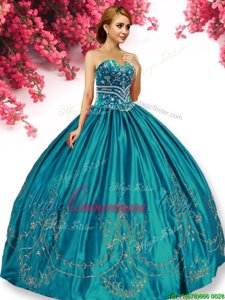 Hot Selling Turquoise Ball Gowns Embroidery Quinceanera Gowns Lace Up Taffeta Sleeveless Floor Length