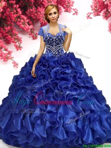 Colorful Royal Blue Lace Up Sweetheart Beading and Ruffles Quince Ball Gowns Organza Sleeveless