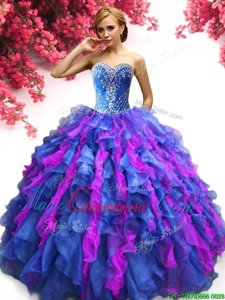 High Class Sweetheart Sleeveless Quinceanera Gowns Floor Length Beading and Ruffles Multi-color Organza