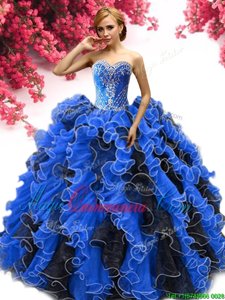 Sweetheart Sleeveless Vestidos de Quinceanera Beading and Ruffles Blue And Black Organza