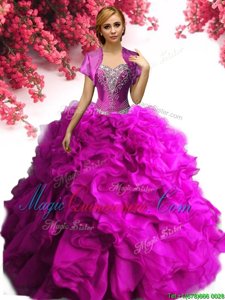 Fuchsia Lace Up Sweet 16 Dresses Beading and Ruffles Sleeveless Floor Length