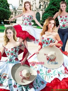 Four Piece White And Red Sleeveless Embroidery and Ruffles Floor Length Sweet 16 Dress