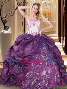 Purple Quinceanera Dress Military Ball and Sweet 16 and Quinceanera and For with Embroidery Strapless Sleeveless Lace Up