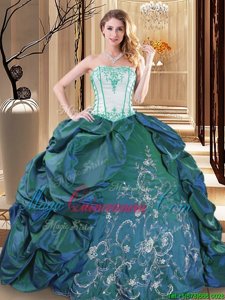 Ideal Sleeveless Floor Length Embroidery and Pick Ups Lace Up Sweet 16 Dresses with Turquoise