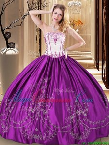 Artistic Purple Ball Gowns Strapless Sleeveless Taffeta Floor Length Lace Up Embroidery Quinceanera Gown