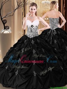 Sweetheart Sleeveless Ball Gown Prom Dress Floor Length Appliques and Pick Ups and Pattern Black Taffeta